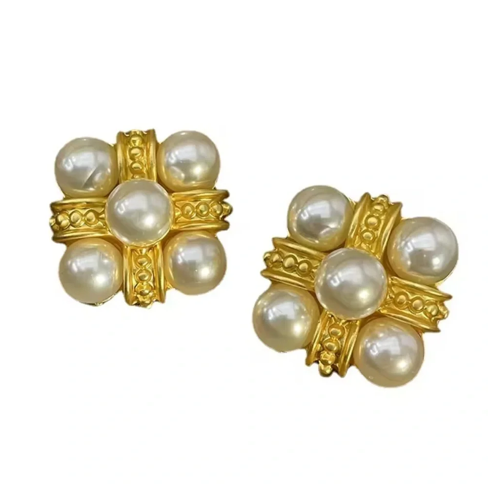 Vintage Elegant Pearl Gold Cluster Earrings